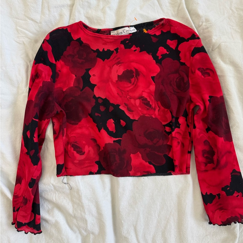 Stretchy sheer top raw edge cropped long sleeve size XS